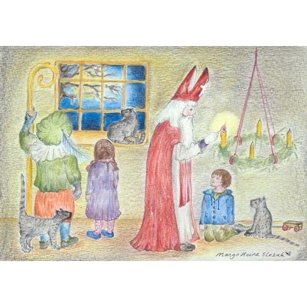 Ansichtkaart | Sint Nicolaas steekt de eerste Adventskaars aan