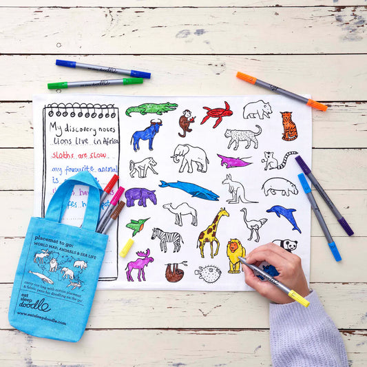 Placemat to go | Wereldkaart (incl. uitwasbare textielstiften)