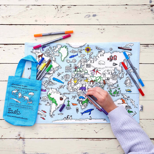 Placemat to go | Wereldkaart (incl. uitwasbare textielstiften)