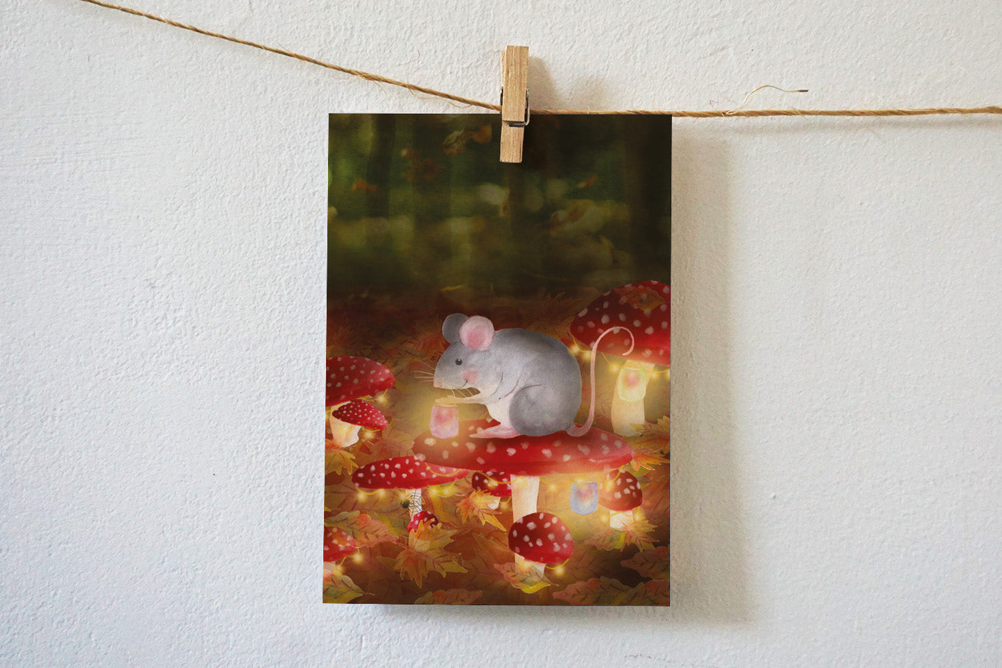 Wenskaart | Muisje met paddenstoelen